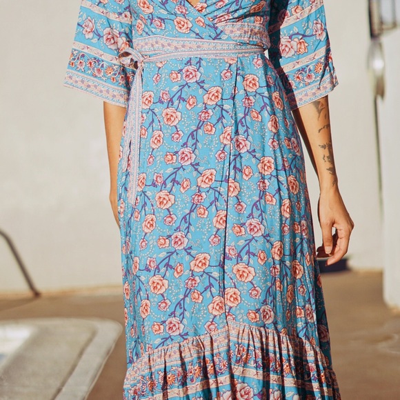 Bohemian Spell Style Blue Kimono Wrap Maxi Dress - Picture 6 of 8
